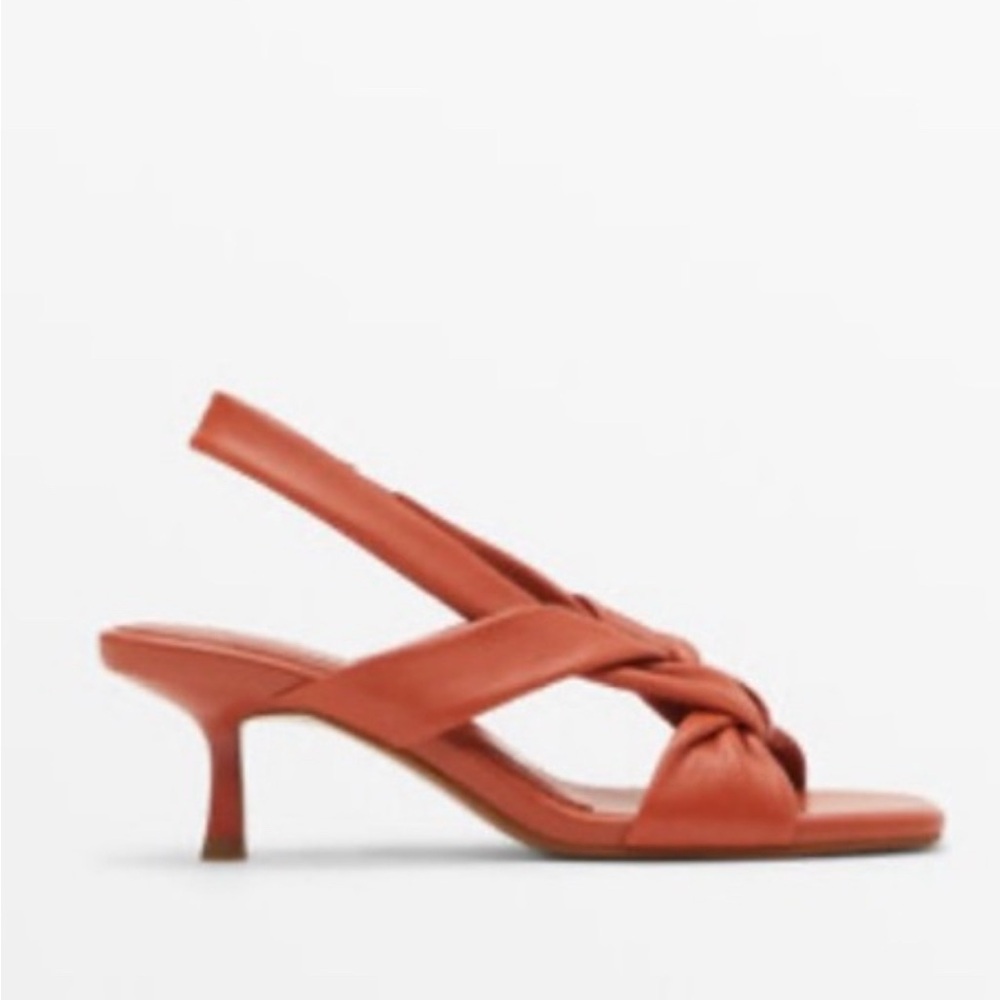 MASSIMO DUTTI Knotted Leather Heeled Sandals, Coral, Size 7 1/2 USA